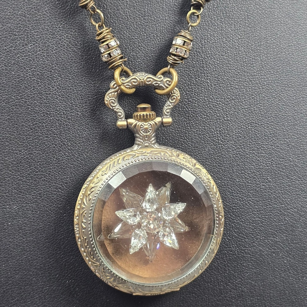 Brass-Tone Pocket Watch Locket Necklace Shadow Box Crystal Rhinestone Starburst